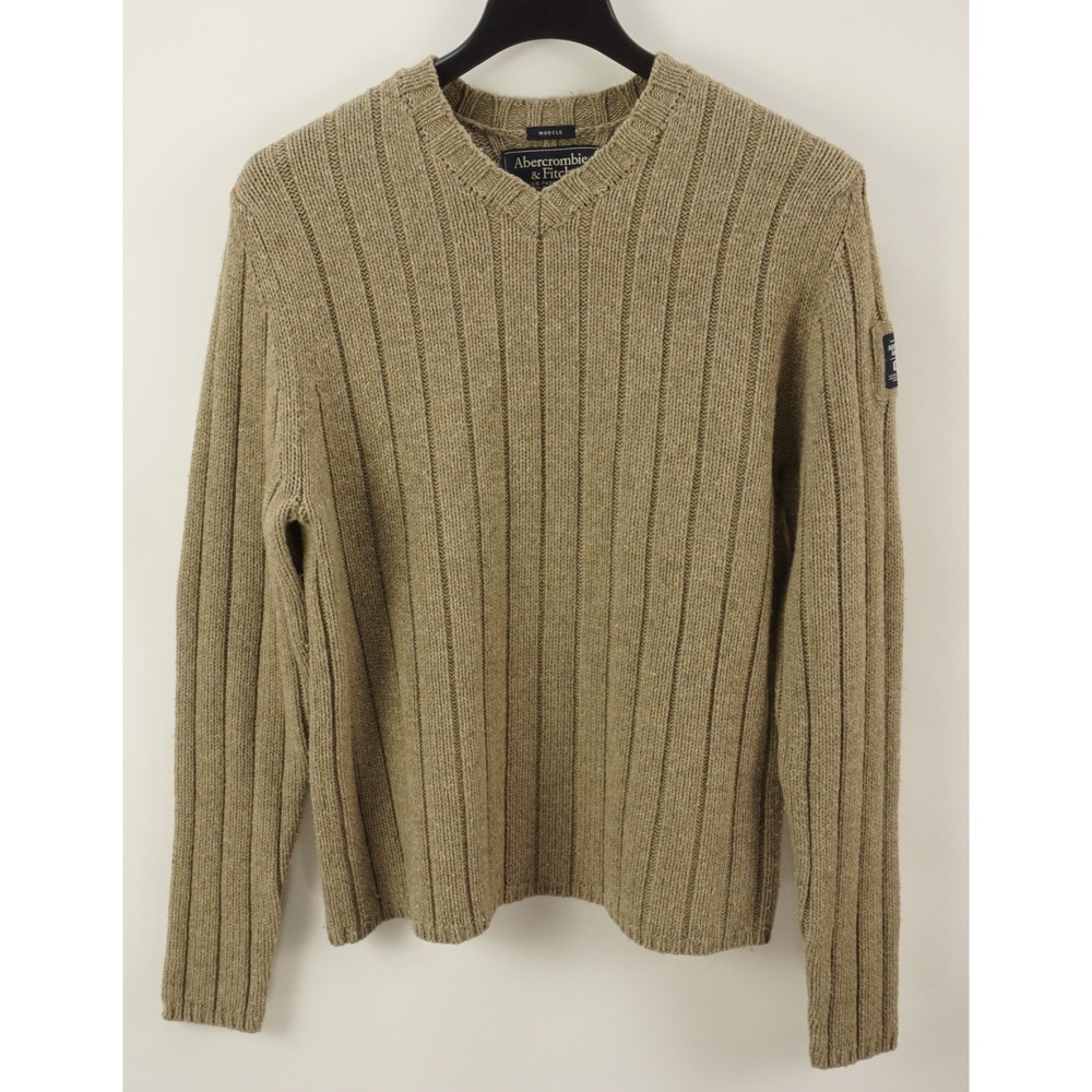 Vintage Abercrombie & Fitch Men's XL Muscle Fit Tan Wool Cable Knit Sweater